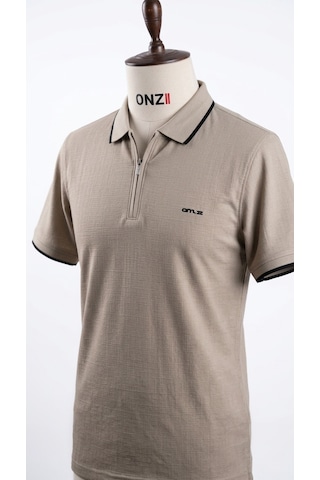 Onz Erkek Keten Dokulu Yarım Fermuarlı Polo Tişört Açık Bej