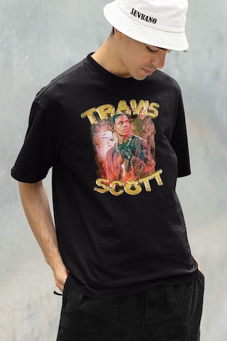 Travis Scott Rapper Baskılı Unisex Oversize Tişört Siyah