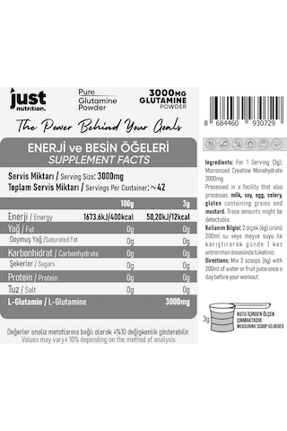 Just Nutrition L-glutamine 126 Gr Glutamin 42 Servis + Shaker + Protein Kahve Hediyeli Aromasız