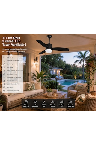 111 Cm Siyah 3 Kanatlı Led Tavan Vantilatörü 55 Watt Hız Ayarlı Modern Tasarım