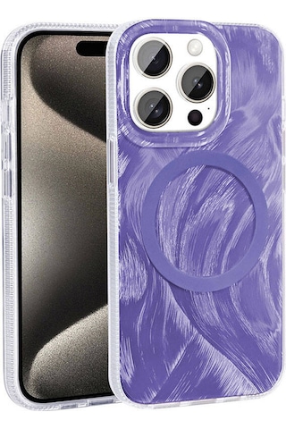 Apple Uyumlu iPhone 15 Pro Max Kılıf Magsafe Şarj Özellikli Fırça Boya Desenli Uzrm Palet Kapak - Mor Mor