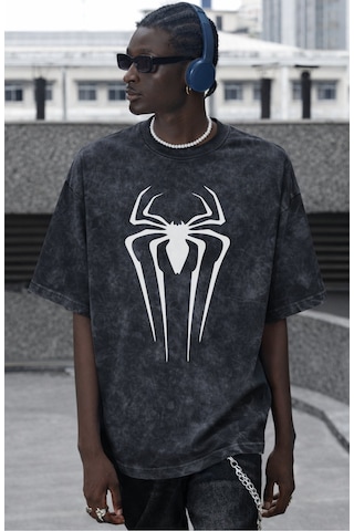 Tasarım Spider-man Logo Örümcek Adam Baskılı Unisex Oversize Vint Siyah