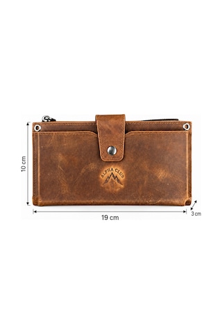 Alphaclub Bag Crazy Horse Hakiki Deri Fermuarlı Çok Bölmeli El Cüzdanı Taba