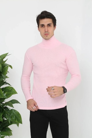 Erkek Kaşkorse Boğazlı Full Likralı Fitilli Body Kazak - Toz Pembe Pembe