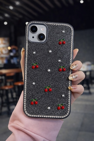 Apple Uyumlu iPhone 13-14 Kiraz Figürlü Simli İnci Taşlı Lüx Silikon Kılıf Siyah