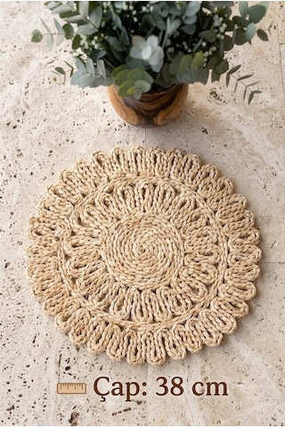Doğal Rattan Hasır Supla 38 Cm - El Örmesi Dantel Kenarlı Yuvarlak Amerikan Servisi Krem