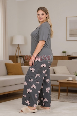 Lady Gri Renk Çiçek Desenli 11058 Kısa Kol Kadın Büyük Beden Anne Pijama Takımı