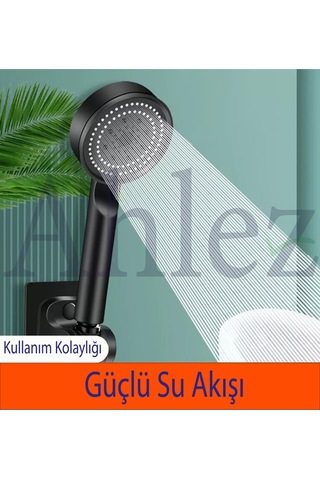 Qianfan Siyah Turbo Fan 5 Fonksiyonlu Duş Başlığı + İpli Duş Siyah