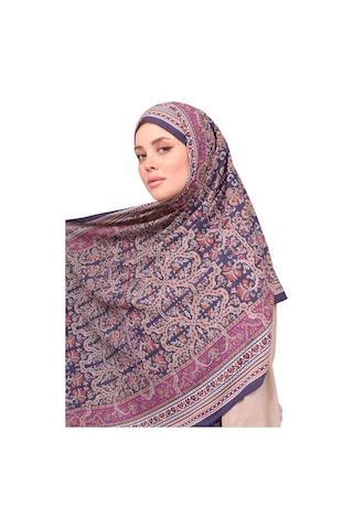 Premium Lux Original Etnik Desen Şal Vual İpek, 1. Sınıf, Hafif, Rahat, Şık, Tesettür Giyim Lacivert - Mor