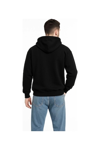 Valensdesign Erkek Kapüşonlu Sweatshirt Hoodie 3 İplik Şardonlu Pamuklu Kumaş, Önü Baskılı, Fermuarlı Rahat Kalı Siyah