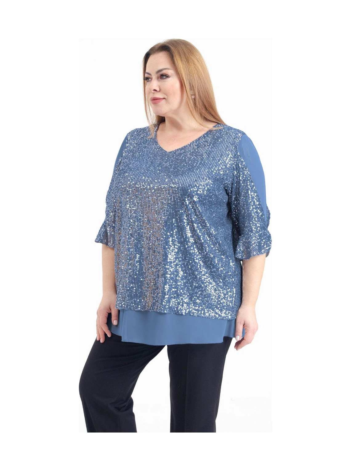 Lilas Xxl Büyük Beden İndigo Renkli Pul Payetli Şifon Bluz İndigo