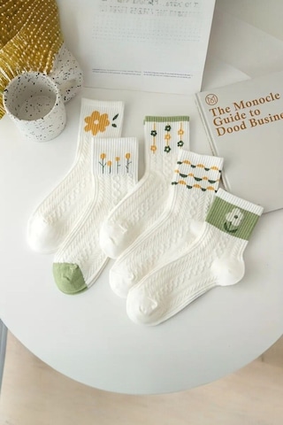 Kadın 5 Çift Premium Kalite Yeçil Çiçek Desenli Soket Çorap Beyaz - Yeşil