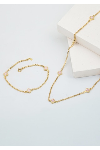 Bilezikci Pembe Yoncalı 14 Ayar Kolye Bileklikli Altın Set