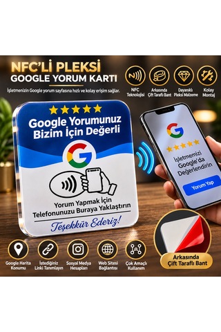 Nfc Google Yorum Ve Sosyal Medya Link Kartı Çift Taraflı Bantlı Pleksi Temassız Yorum Kartı