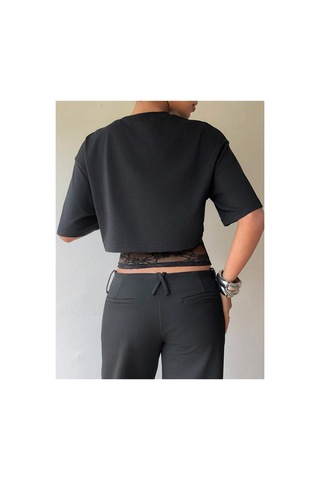 Meren Like Your Style Siyah Crop Tişört Kadın Dantel Detaylı Yuvarlak Yaka Şık Üst Bluz Siyah