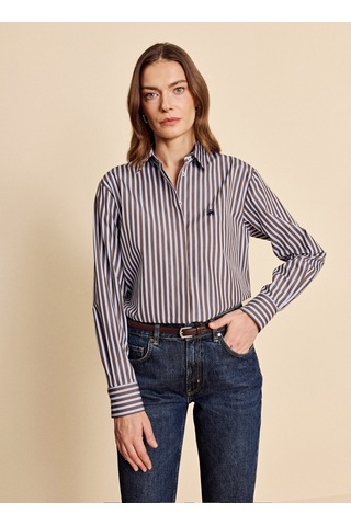 Brooks Brothers Kahve - Mavi Kadın Regular Fit Çizgili Gömlek Bbfw26fsh008