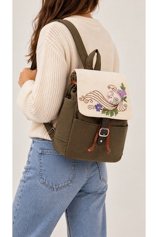 Fabric Craft Bag Sırt Çantası Kadın Nakış İşlemeli Kanvas Astarlı Haki 30x38 Cm