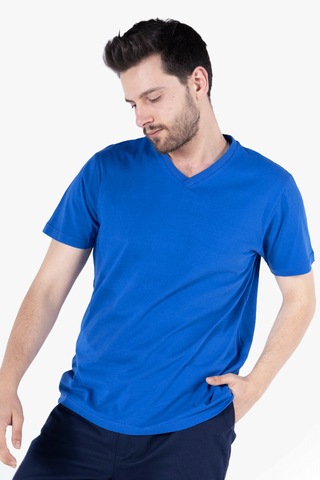 T-shirt V Yaka %100 Pamuk Saks Mavi