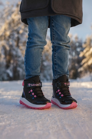 Kız Çoçuk Sim Detaylı Kışlık Kaymaz Taban Su Geçirmez Cırt Cırtlı Yarım Bot Siyah - Fuşya