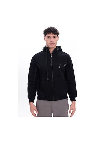 Rowinger 3 İplik Kalın Dokulu Parçalı Görünümlü Kapüşonlu Tam Fermuarlı Erkek Sweatshirt Navyblue
