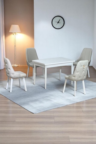 Still Beyaz Sunta 70x110 Sabit Mutfak Masası Takımı Beyaz Metal Ayak 4 Krem Sandalye