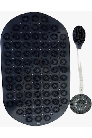 3 Parça Set Masajlı ve Duş Kaydırmaz Çift Taraflı Banyo Duş Vucüt Fırçası Yuvarlak Duş Süzgec Siyah