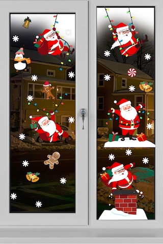Yılbaşı Sticker Sevimli Noel Baba ve Kar Taneleri Pencere Duvar Süsü