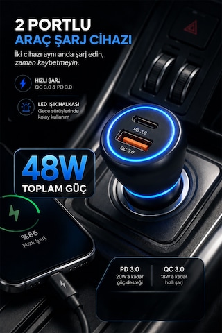 48w Hızlı Araç İçi Şarj Cihazı - Çift Portlu Type-c Şarj Kablolu Hızlı Şarj Cihazı