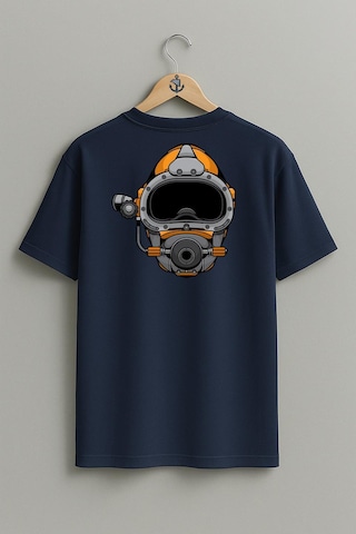 Oversize Dalgıç Başlığı - Diving Helmet Cep Ve Sırt Tasarımlı Unisex T-shirt Lacivert