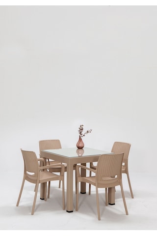 Rattan Small Lüx Camlı Cappucino Masa Takımı Bahçe&balkon 1 Camlı Masa 4 Sandalye Kahverengi