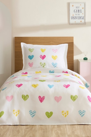 Karaca Home Young Color Heartz %100 Pamuk Tek Kişilik Pike Takımı Beyaz