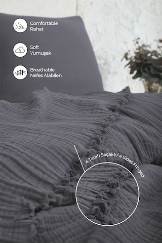 %100 Pamuk Çift Kişilik Müslin Yatak Örtüsü 4 Katlı Yumuşak Battaniye Müslin Pike Takımı 3 Parça Antrasit Koyu Gri