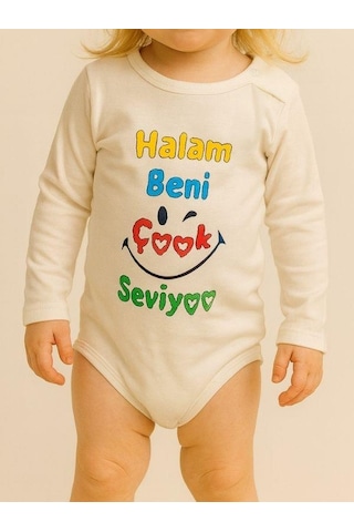 Zekids Bebek Halam Beni Çok Seviyor Yazılı Pamuklu Uzun Kol Çıtçıtlı Body-16094 Ekru