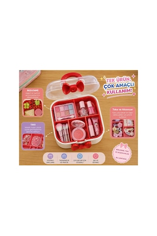 Çok Amaçlı Çocuk Beslenme Kutusu & Organizer Çanta,takı,toka,makyaj Malzemesi, Oyuncak Düzenleyici,bölmeli,taşınabilir Saklama Kutusu,23x23 Cm Krem Ve Bordo