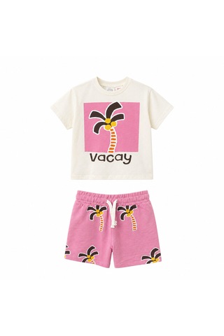 Baby Lory Kids Store Palmiye Detaylı Pembe Takım Beyaz - Pembe