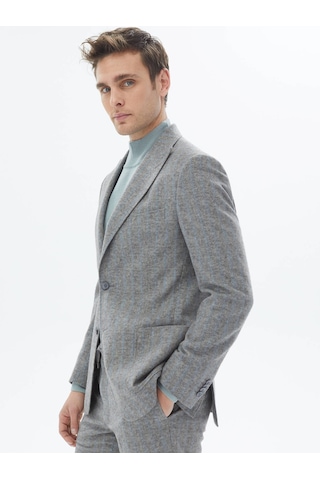 Gri Çizgili Modern Fit Yün Karışımlı Takım Elbise Gri
