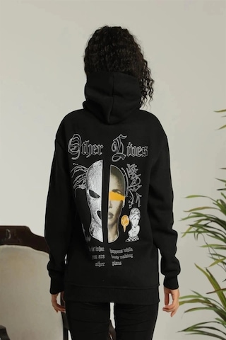 Defymoda Oversize Üç İplik Kapüşonlu Sweatshirt Siyah Other Lives Ön Ve Arka Baskılı, Şardonlu Kışlık, Ra Siyah