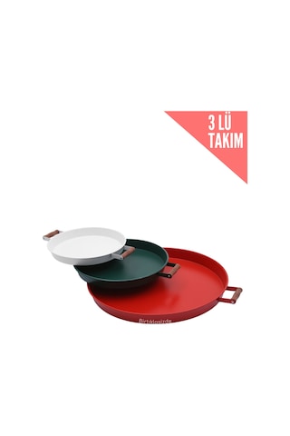 Kitchen Trend 3 Lü Ahşap Kulplu Metal Tepsi Çay Tepsisi Kahve Tepsisi Sunum Tepsi Seti Kırmızı,yeşi