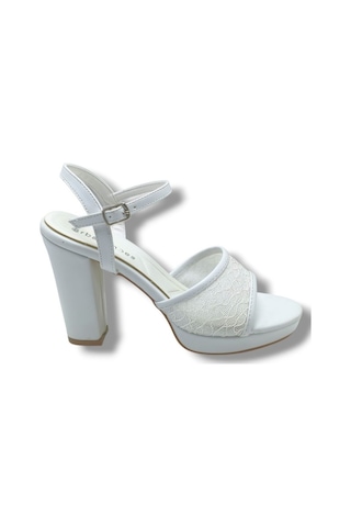 Erbay 320-26 Simli Dantelli Cilt Tek Bant Kalın Topuk Kadın Sandalet 11cm Beyaz