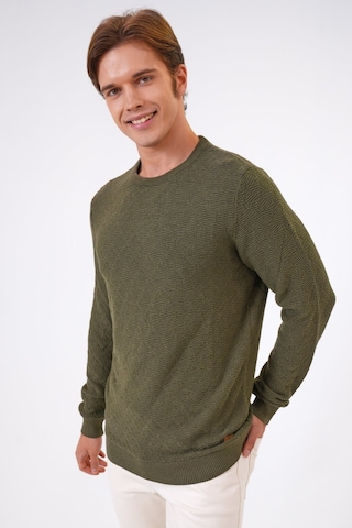 Haki Regular Fit Pamuklu Jakarlı Bisiklet Yaka Triko Kazak-haki Haki