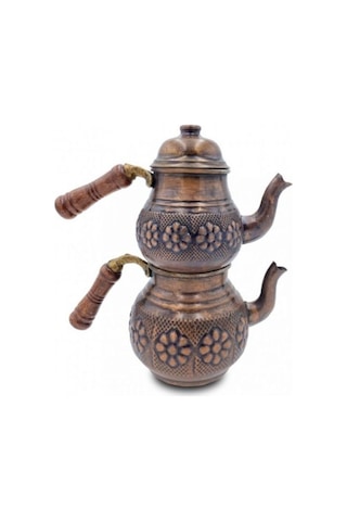 Çaydanlık Bakır Küçük Boy Eskitme Papatya Model Kahverengi