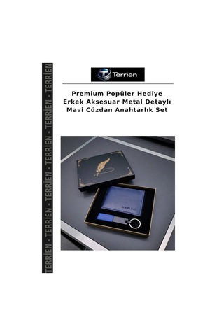 Premium Popüler Hediye Erkek Aksesuar Metal Detaylı Mavi Cüzdan Anahtarlık Set