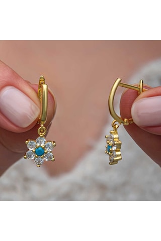 Artsmagazinmücevher Gümüş Mavi Taşlı Gold Çiçek Kadın Küpe