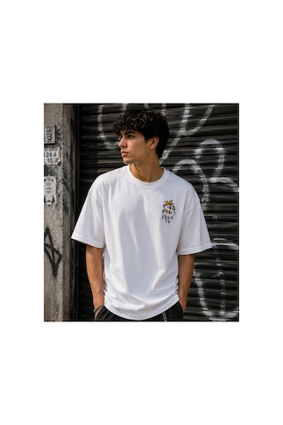 Qmen Style Unisex Beyaz Oversize Baskılı T-shirt Eriyen Dolar %100 Pamuk