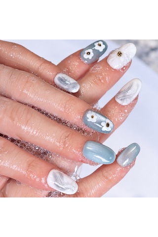 Takma Tırnak Mavi Nail Art Kısa Oval 10'lu Tekrar Kullanılabilir El Yapımı Protez Takma Tırnak S