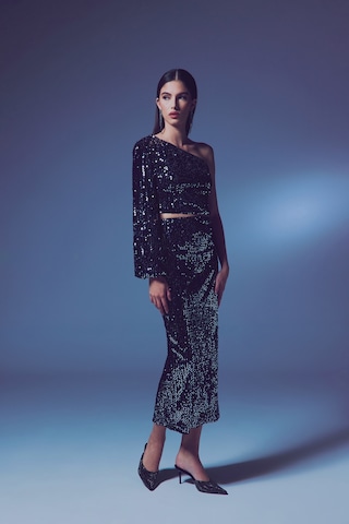 Sateen Kadife Payetli Midi Etek - Gümüş-135603 Gümüş