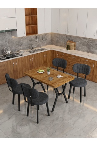 Azra 70x110cm Atlantik Mutfak Masası, Mutfak Masası Takımı, Yemek Masası, 4 Antrasit Sandalye Açık Gri