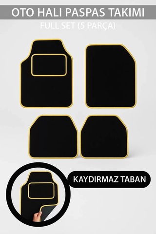 5 Parça Universal Topuk Destekli Oto Halı Paspas Takımı Kenar Renk Sarı