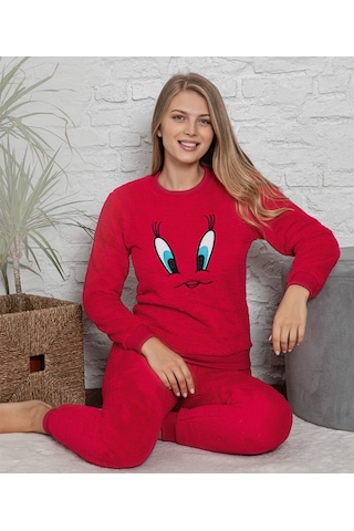 Farya Home Civciv Desenli Anne Kız Çocuk Kombin Peluş Pijama Takımı Anne Kız Ayrı Satılır. Kırmızı