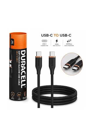 Duracell 2m Usb-c To Usb-c 100w Yumuşak Dokulu Silikon Data Kablosu - Siyah